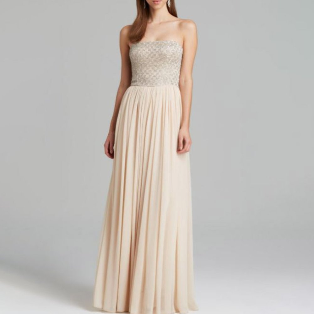 AIDAN MATTOX Strapless Beaded Bodice Pleated Chiffon Skirt Gown Dress Blush 8